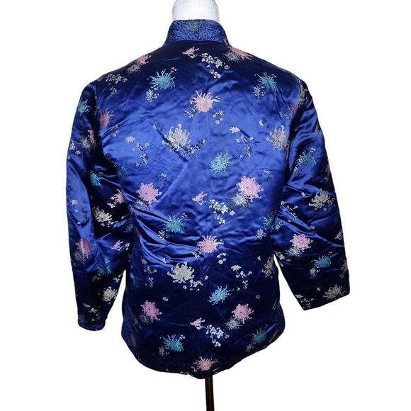 Vintage Peony Traditional Chinese Jacket Frog Buttons Womens Size M Blue Quilted - Picture 5 of 9